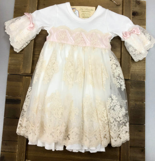 Elegant Ivory Lace Dress/Romper With  Pink Details and matching Bonnet