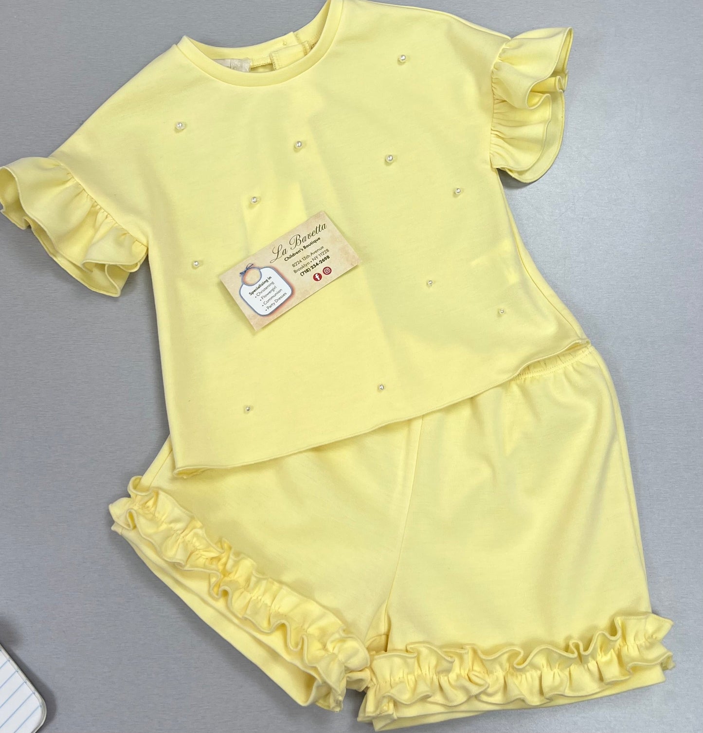 Girls Yellow Pearl Ruffle Top & Shorts Set Made In Italy