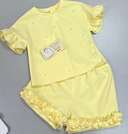 Girls Yellow Pearl Ruffle Top & Shorts Set Made In Italy