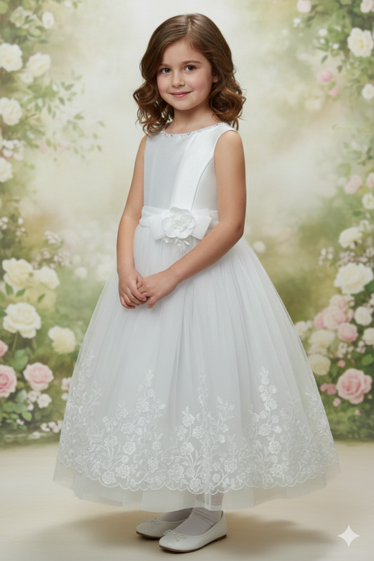 Michelina Bimbi communion dress with embroidered skirt and floral belt made in Italy