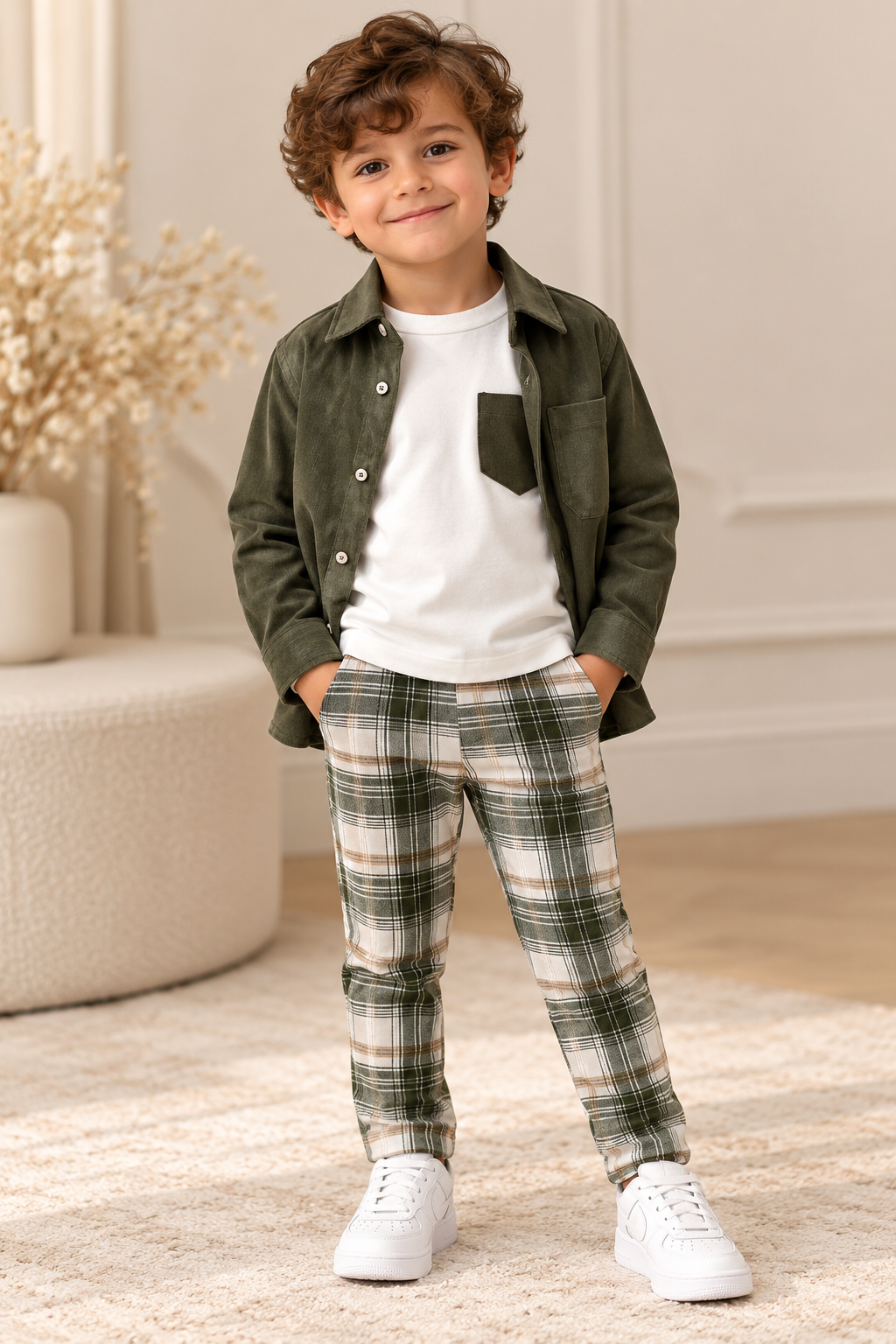 Boys’ Olive Green & Plaid Three-Piece Outfit