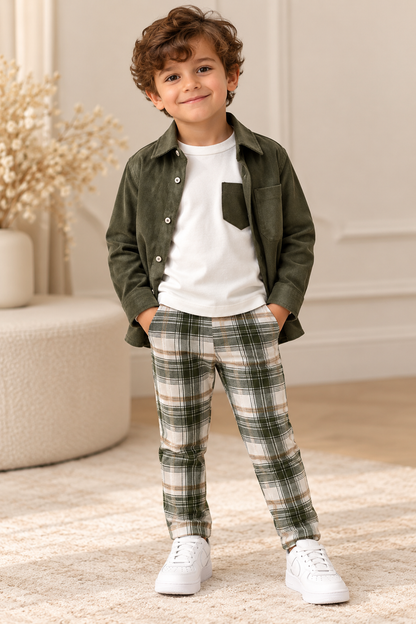 Boys’ Olive Green & Plaid Three-Piece Outfit
