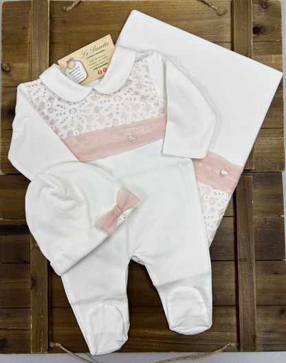 White & blush Pink Lace Layette Set with Blanket