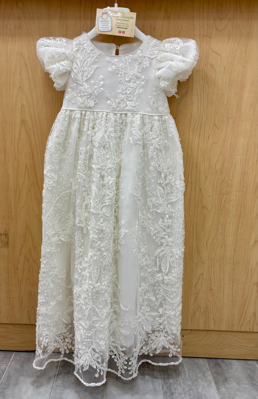 Ivory Beaded Lace Christening Gown with Satin Bow