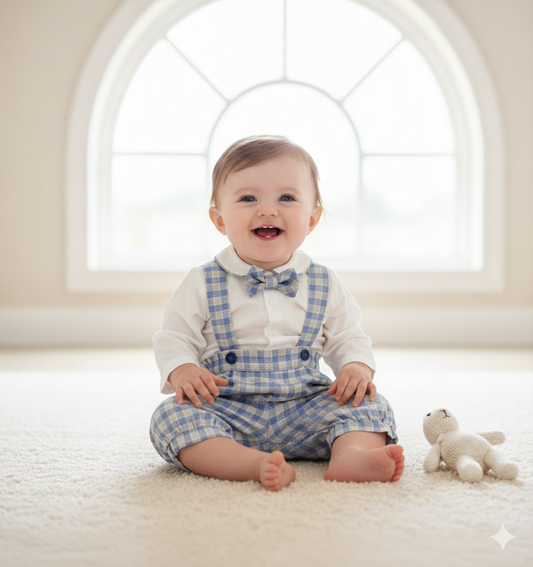 Baby blue and ivory checkered romper Made In Italy