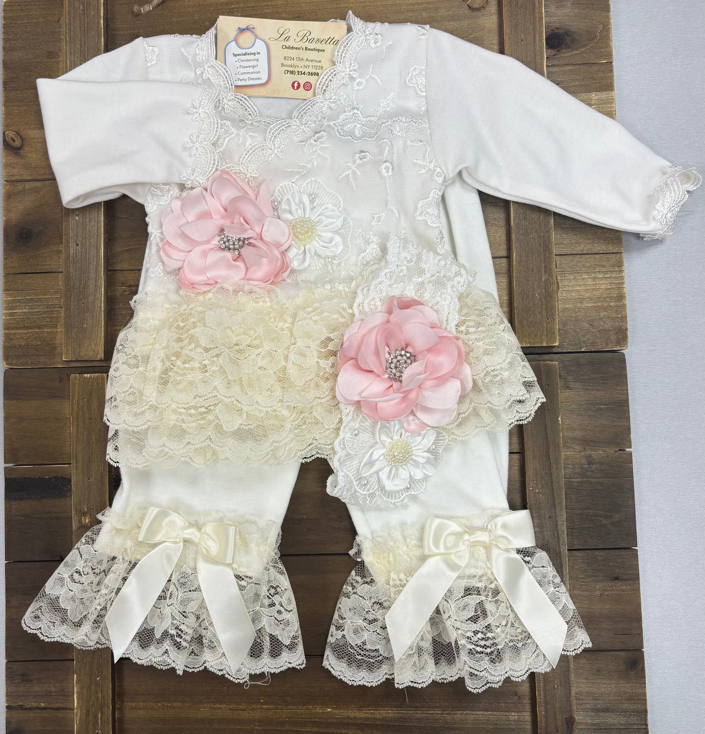 Baby Girl TuTu Ivory Lace & Blush Pink Flower 3- Piece Set