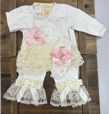 Baby Girl TuTu Ivory Lace & Blush Pink Flower 3- Piece Set