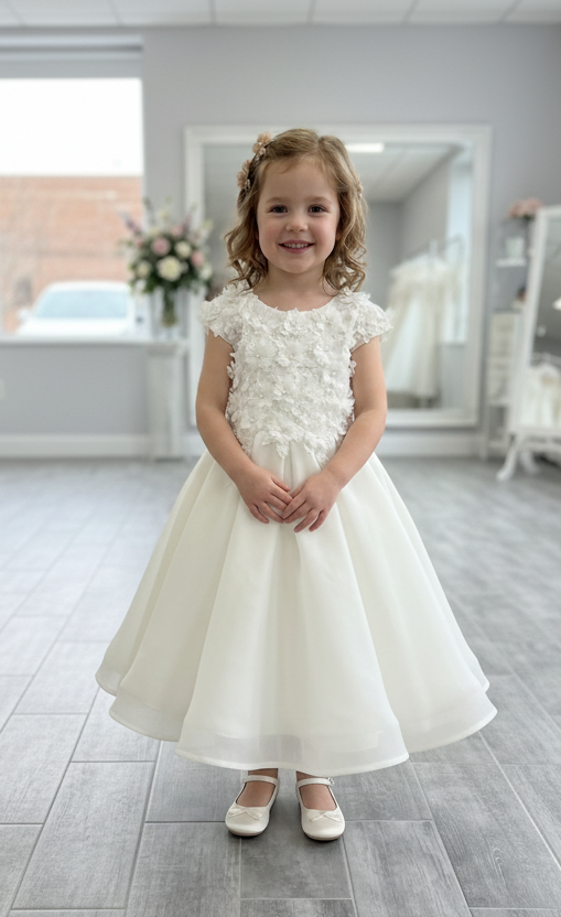 Light Ivory 3D Floral Organza Flower Girl Dress with Bow