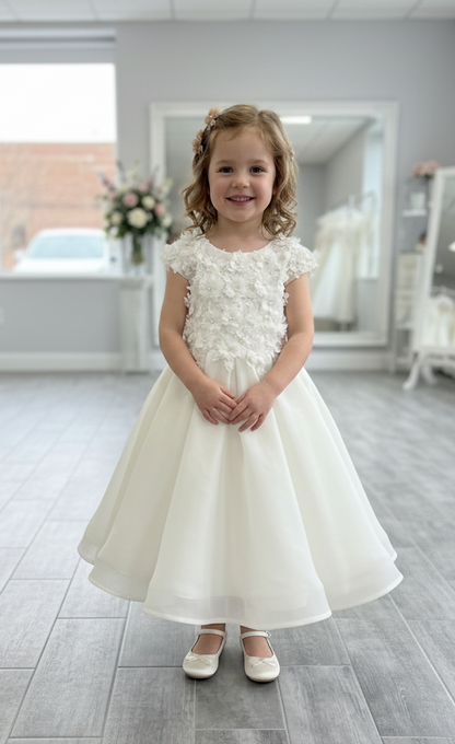 Light Ivory 3D Floral Organza Flower Girl Dress with Bow