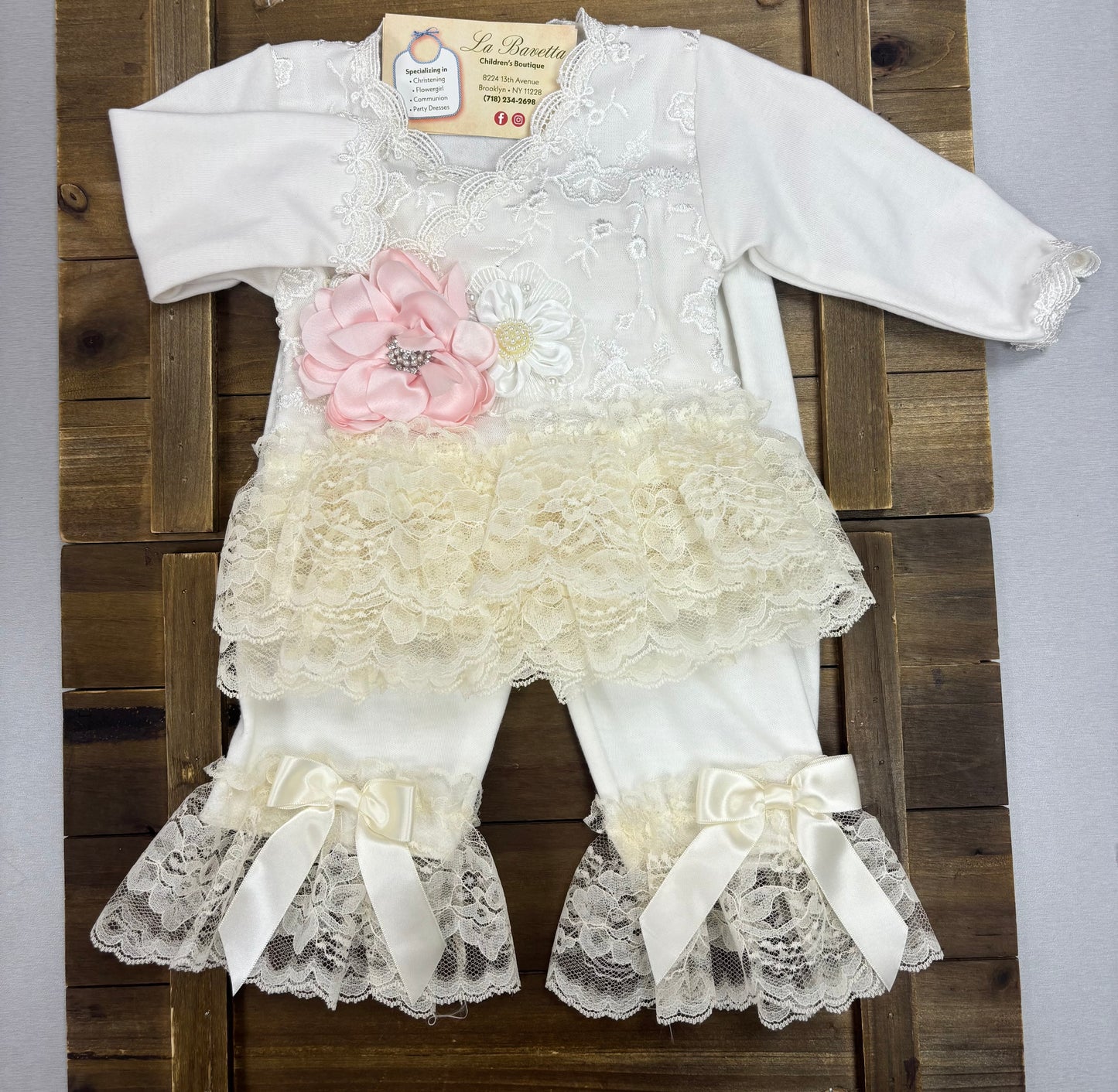 Baby Girl TuTu Ivory Lace & Blush Pink Flower 3- Piece Set