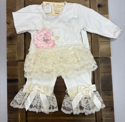 Baby Girl TuTu Ivory Lace & Blush Pink Flower 3- Piece Set