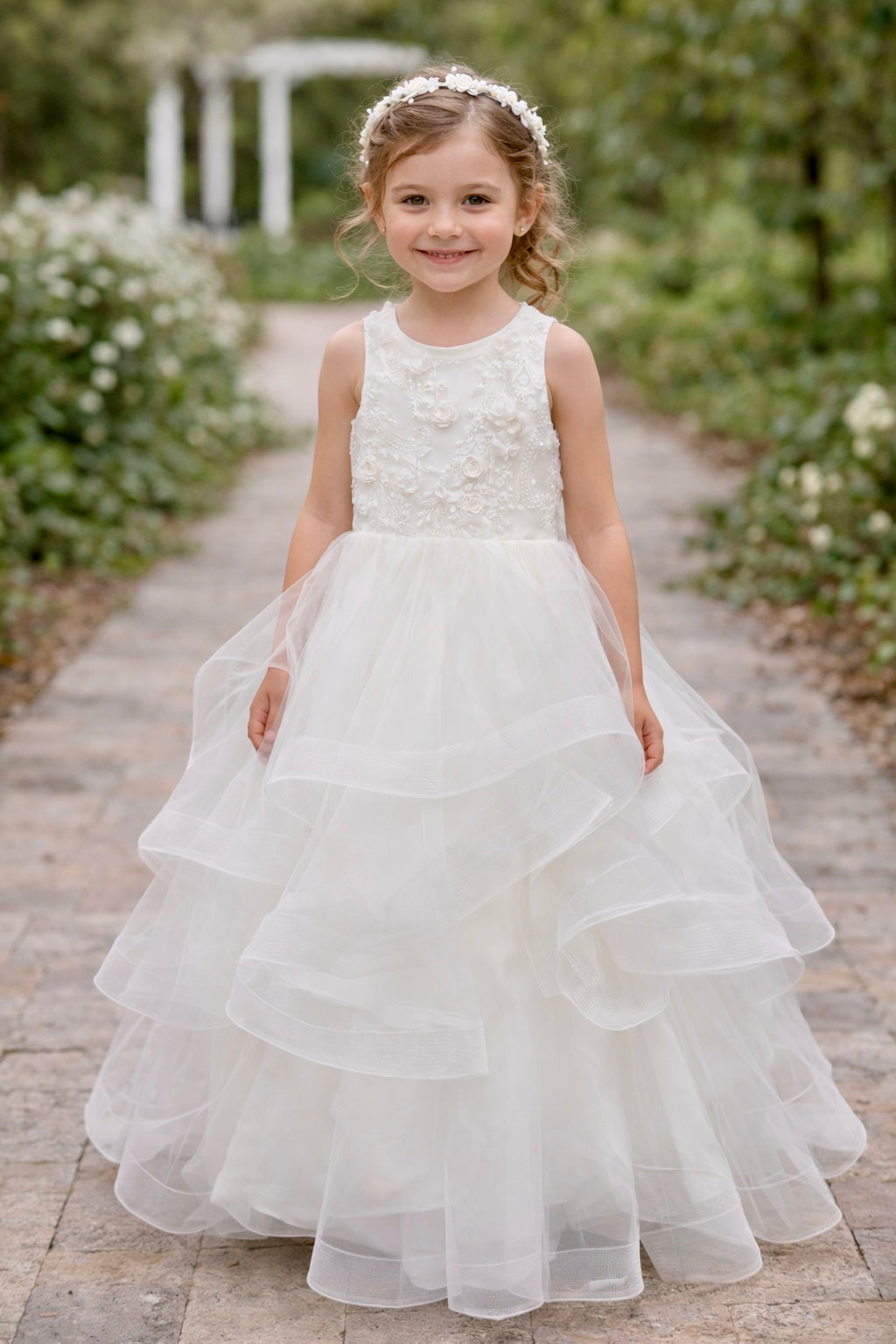 Diamond white Garden – Tiered Tulle Ball Gown with Floral Lace Bodice
