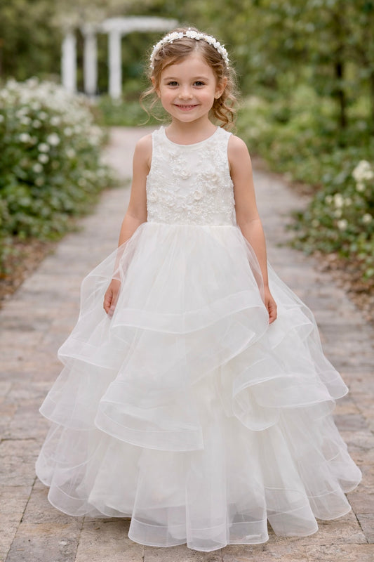 Diamond white Garden – Tiered Tulle Ball Gown with Floral Lace Bodice