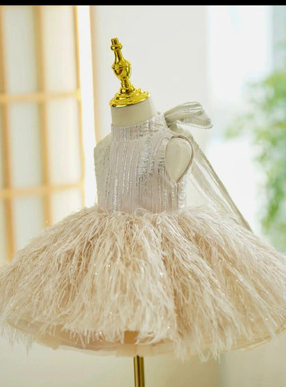 Champagne Feather Couture Baby Dress – Sequin Bodice & Ostrich Feather Skirt