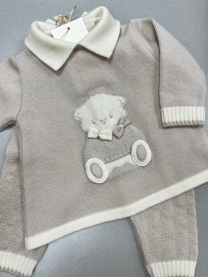 Boys Tan & Ivory Bear knit set Made In Italy