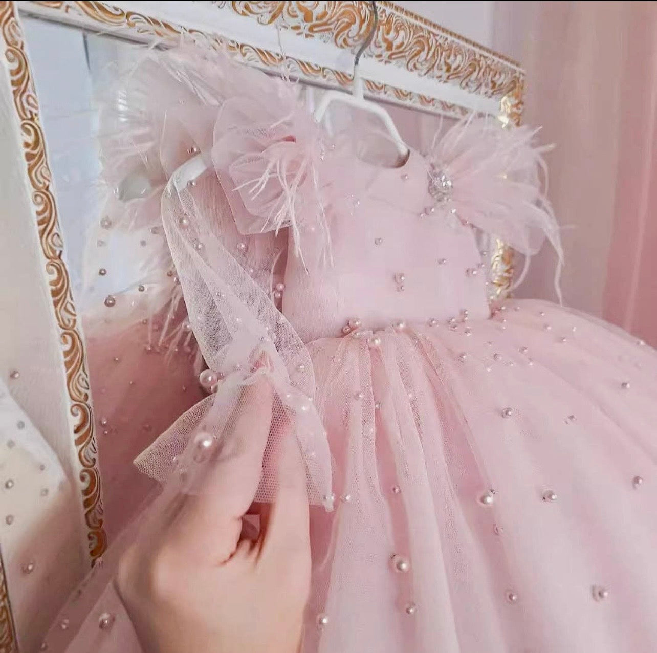 Pink Pearl & Feather Tulle Dress