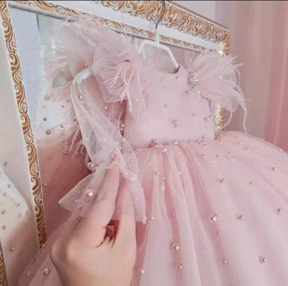 Pink Pearl & Feather Tulle Dress