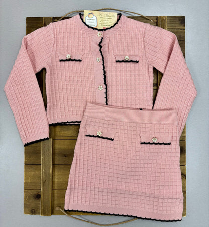 Girls Pink Knit 2-Piece Set – Cardigan & Skirt with Black Trim Made In Italy