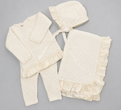 Ivory Knit Baby Take-Home Set with Ruffled Silk Trim