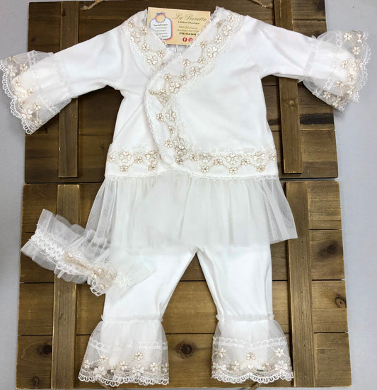 3pc baby girls ivory and gold embroidered pants  set
