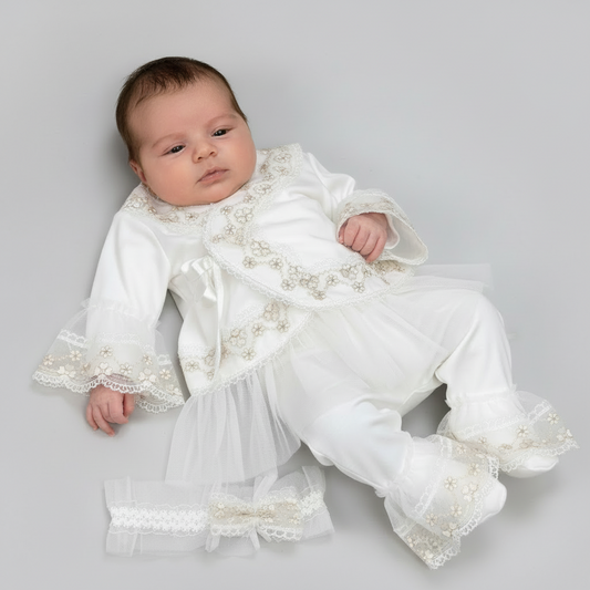 3pc baby girls ivory and gold embroidered pants  set