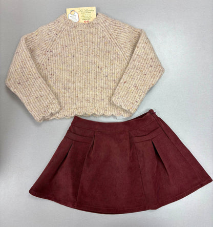 Girls' Speckled Knit Crop Sweater & Burgundy Pleated Skirt Set