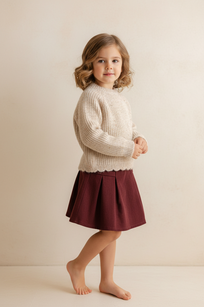 Girls' Speckled Knit Crop Sweater & Burgundy Pleated Skirt Set