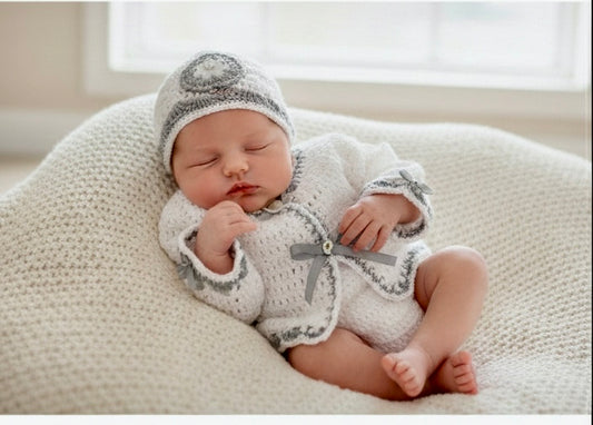 Baby Girls Hand crochet sweater w/hat grey and white