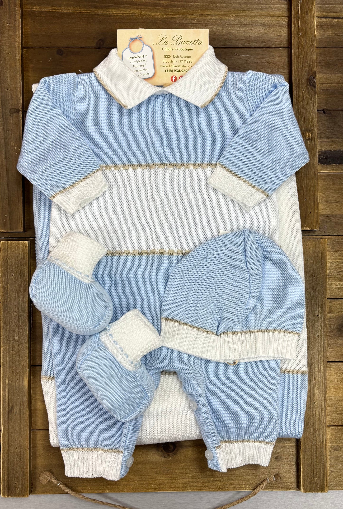 Baby Blue Knit Take-Home Set with Blanket Made In Italy