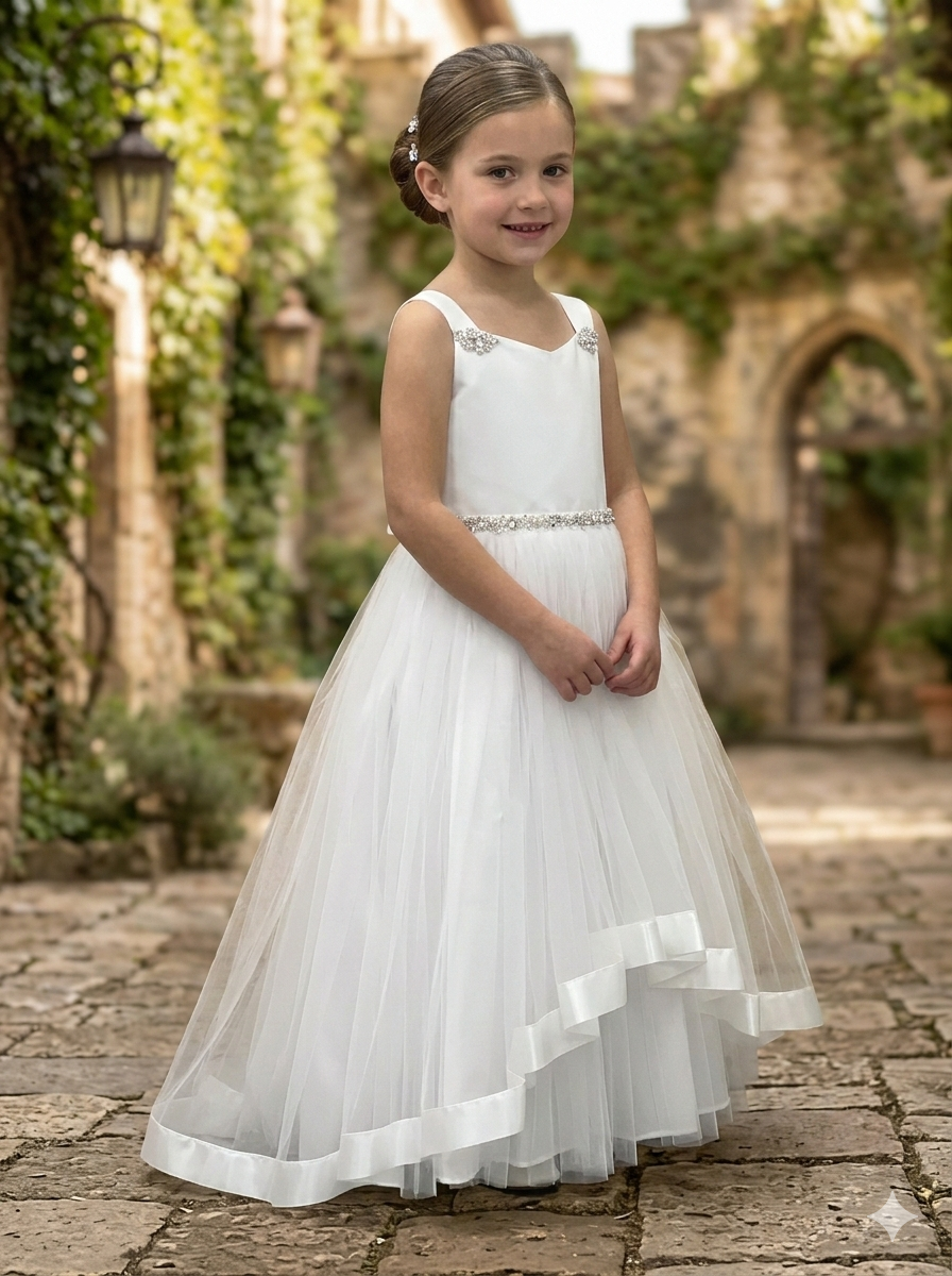 White communion/ Flower Girl Dress with Tulle Skirt