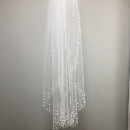 White communion veil with scattered pearl edge