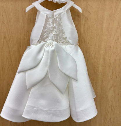 Girls White Lace & Mikado Dress with Oversized petal Bow