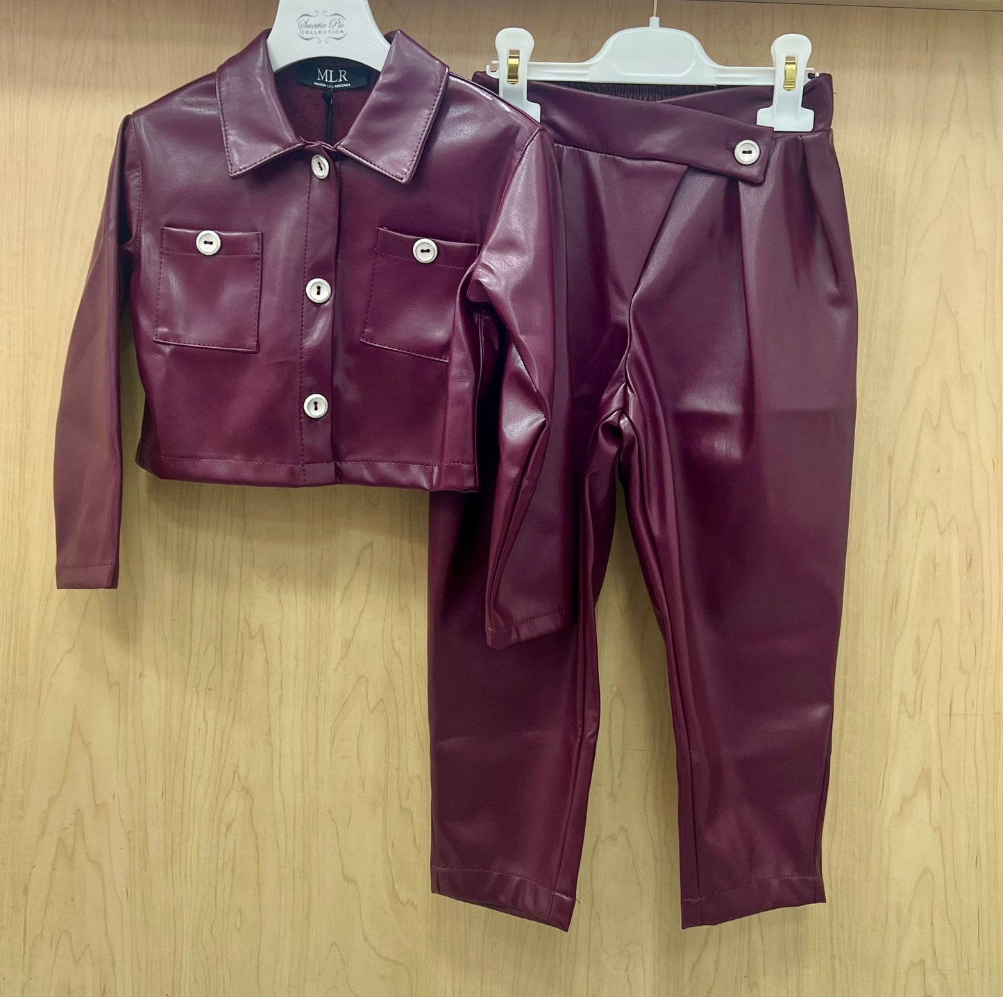 Girls Burgundy Faux Leather 2 Pc Set Made In Italy