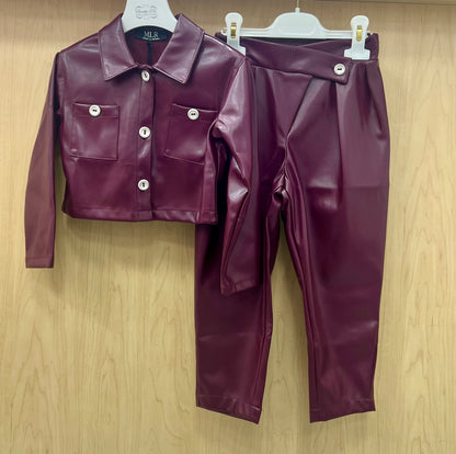 Girls Burgundy Faux Leather 2 Pc Set Made In Italy