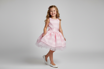 Pink Striped sleeveless Dress with tulle& organza bottom