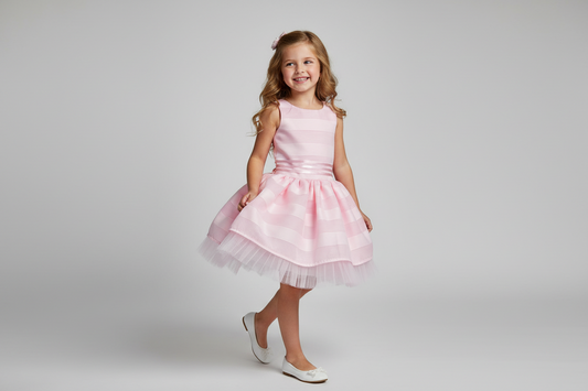 Pink Striped sleeveless Dress with tulle& organza bottom