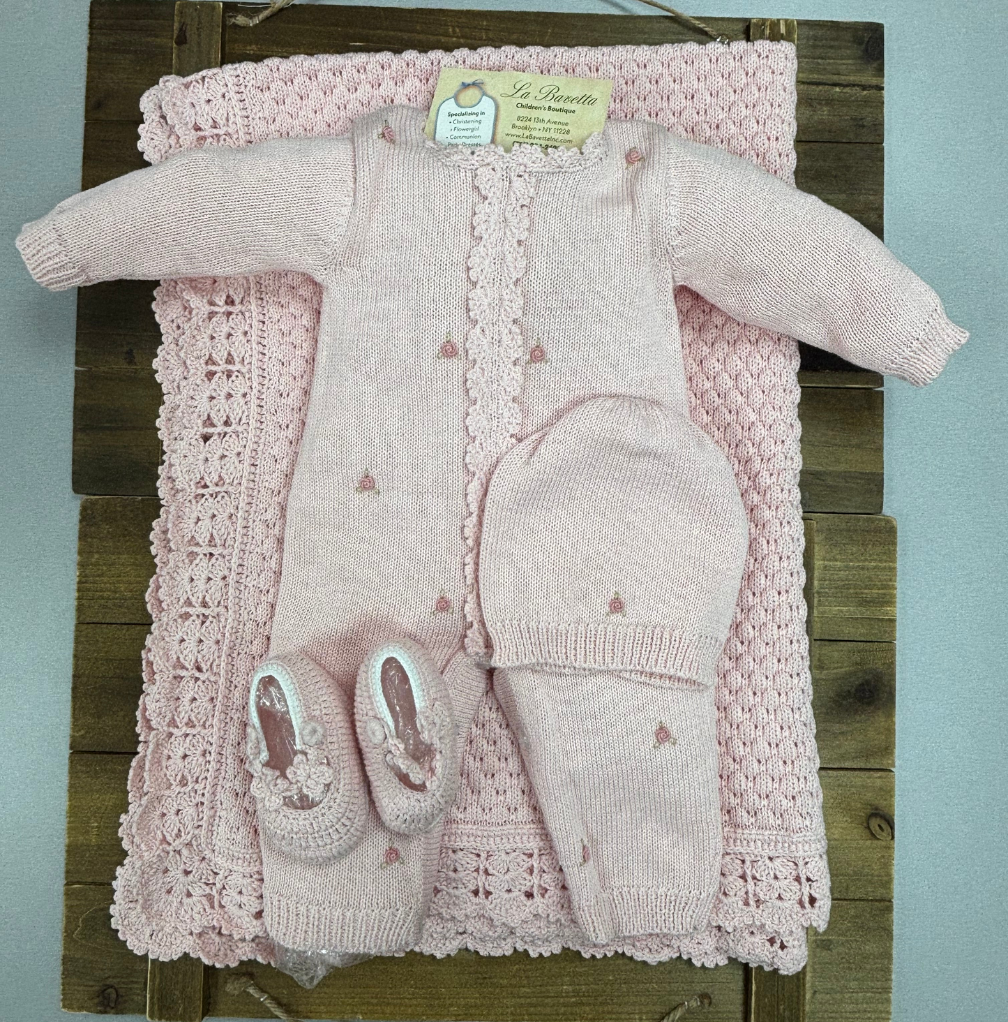 Pink Knit Baby 4-Piece Layette Set – Romper, Hat, Booties & Blanket Angel