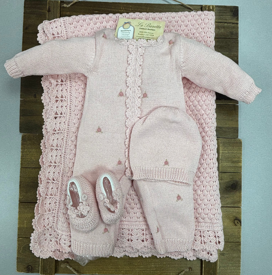 Pink Knit Baby 4-Piece Layette Set – Romper, Hat, Booties & Blanket Angel