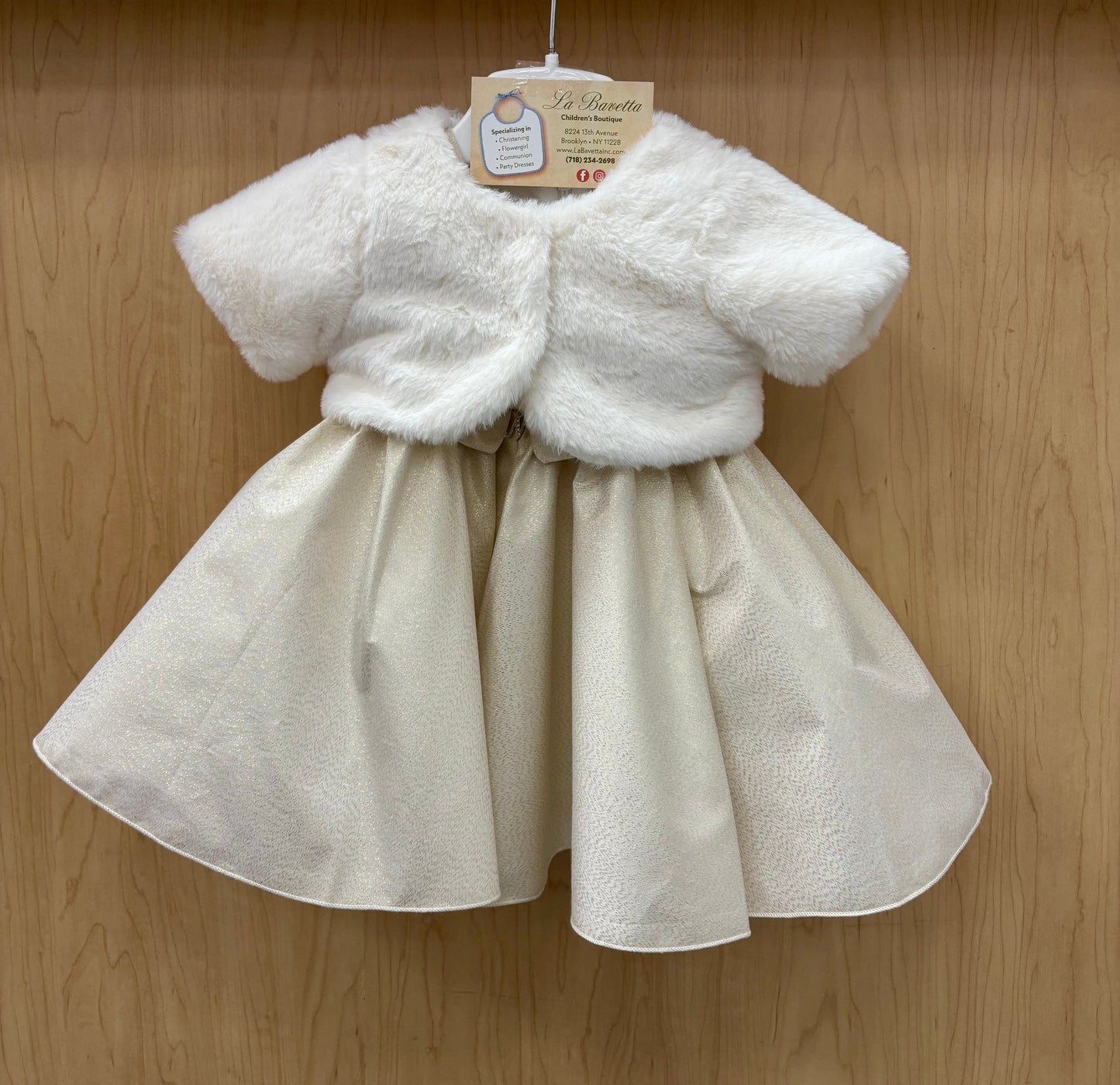 Ivory/ Gold Brocade Dress with Faux Fur Bolero Made In Italy