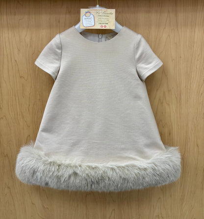 Girls Taupe  Faux Fur Trim Dress Made In Italy
