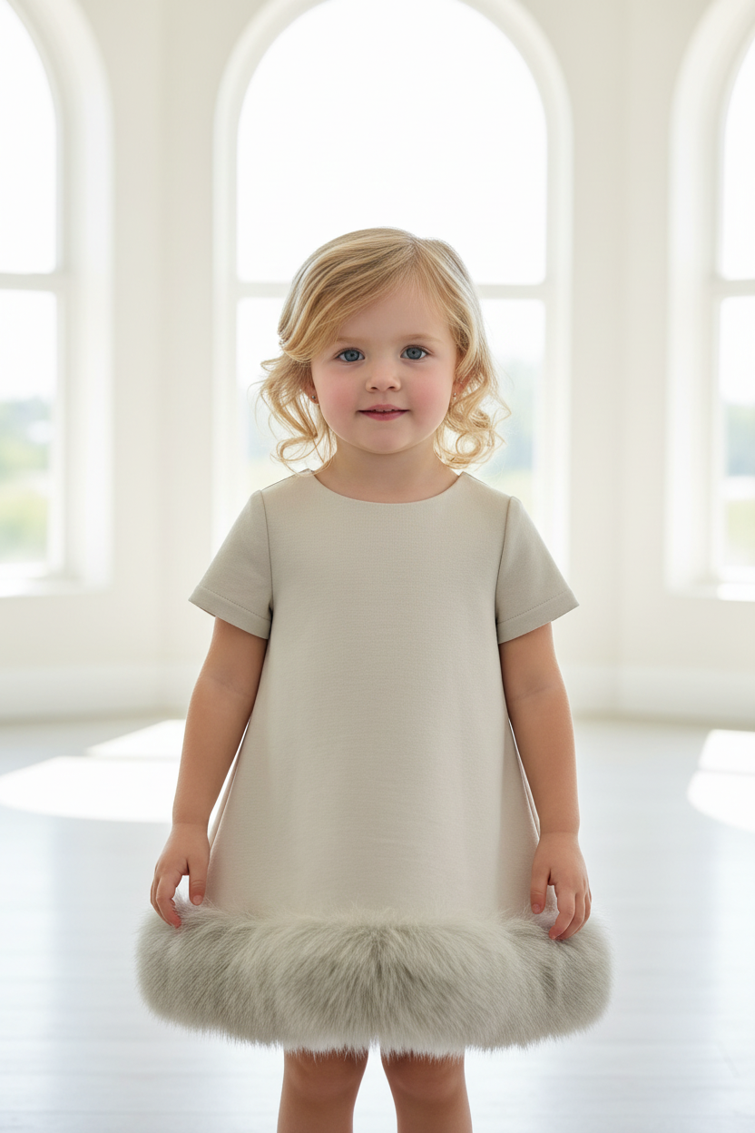 Girls Taupe  Faux Fur Trim Dress Made In Italy