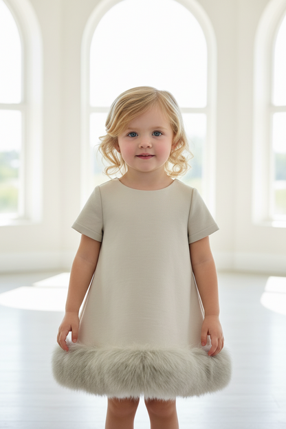 Girls Taupe  Faux Fur Trim Dress Made In Italy