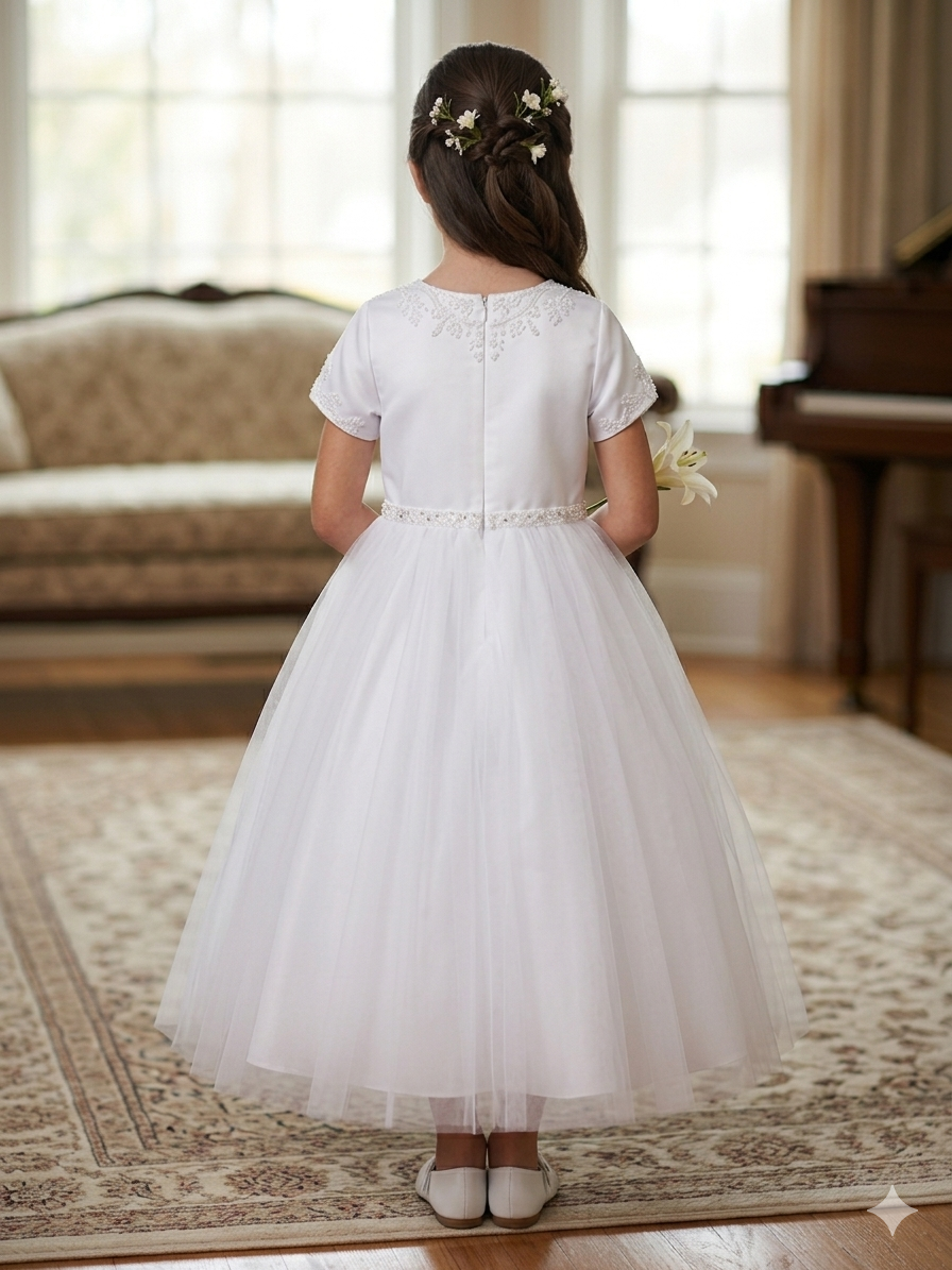 Pearl Grace First Communion Dress — Satin & Tulle Gown with Pearl Bodice