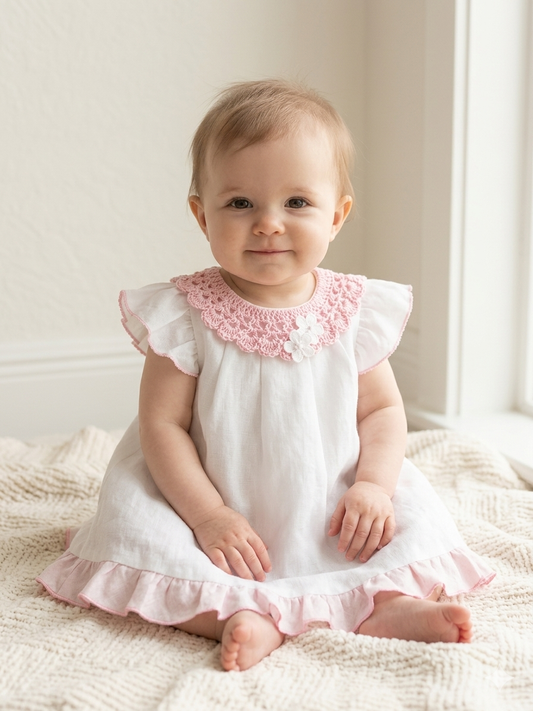 White Dress with Pink Crochet Collar