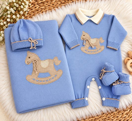 Blue Rocking Horse Knit Baby Romper Take Me Home Set Made In Italy