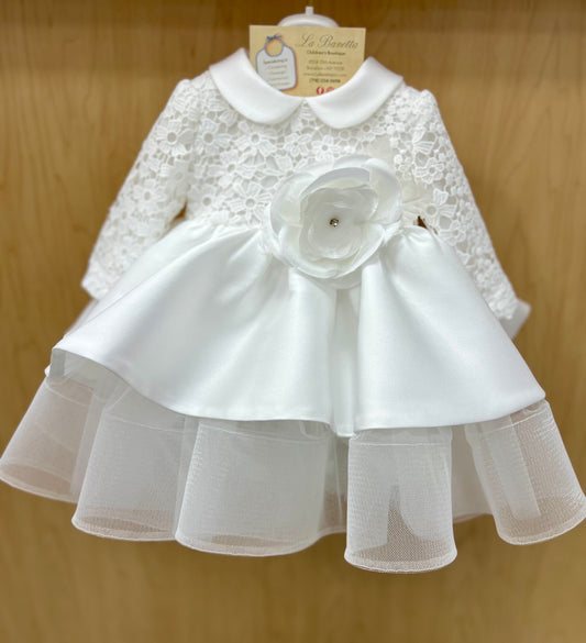 Short white Micado  Lace Top Christening Dress