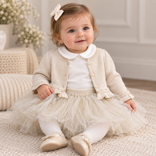 Baby Girls’ Ivory Knit Cardigan & Tulle Skirt Outfit
