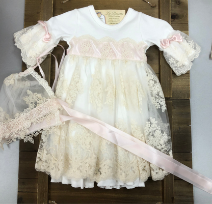 Elegant Ivory Lace Dress/Romper With  Pink Details and matching Bonnet