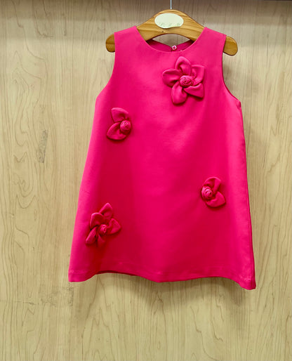 Fushia Pink Crepe Girls Dress with 3D Flower