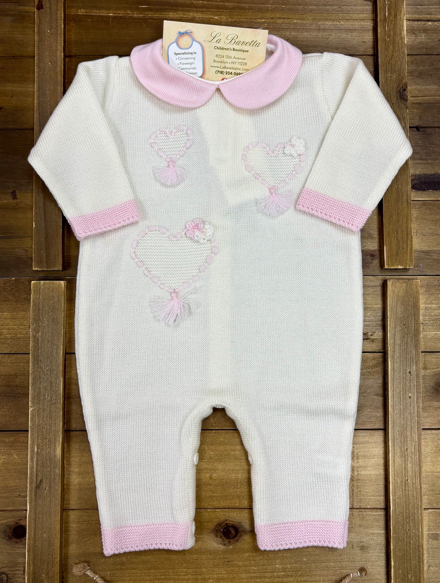 Bimbalo Baby Girl Ivory Knit Romper with Heart Embroidery